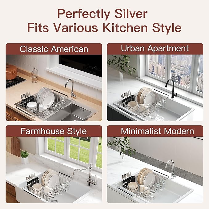 Over the Sink Expandable Dish Drainer Drying Rack In Stainless Steel for Small Kitchen, Counter Space Saving Modern Compact Metal Above Plate Dryer Strainer, Adjustable Hanging Inside Drain Holder