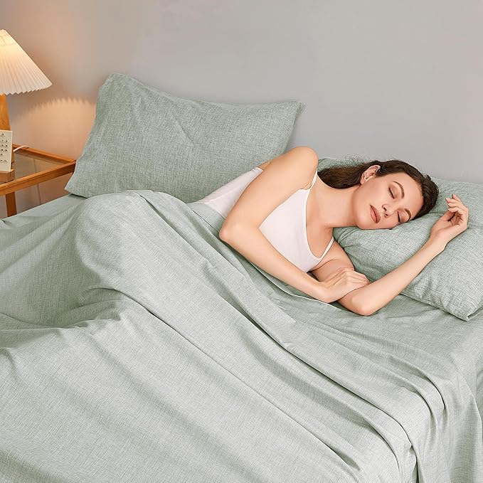 Twin Sheets Sage Green, Ultral Soft Cationic Linen Look Sheets, Luxury Cooling Cozy Bed Sheet Set with Non-Slip Fitted Sheet