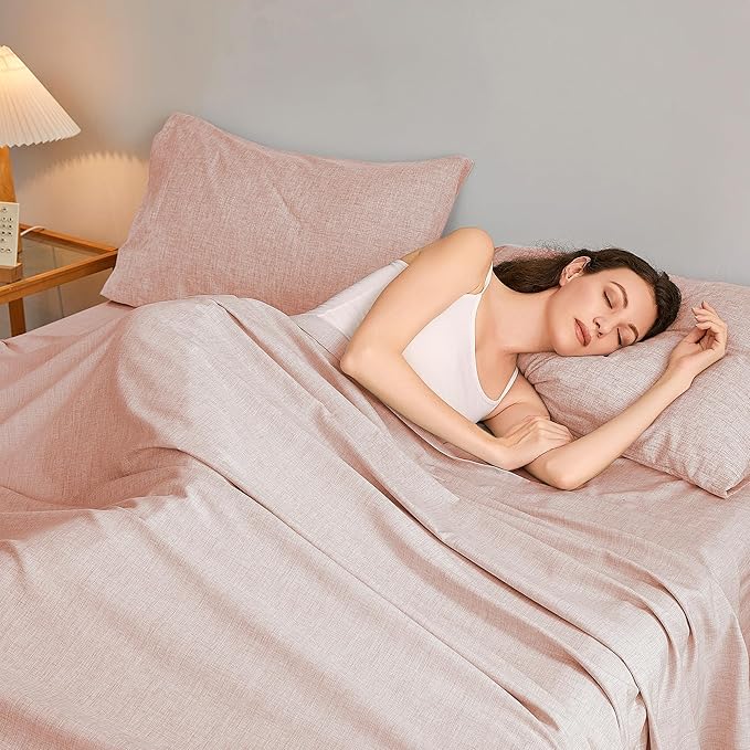 Twin Sheets Light Pink, Ultral Soft Cationic Linen Look Sheets, Luxury Cooling Cozy Bed Sheet Set with Non-Slip Fitted Sheet