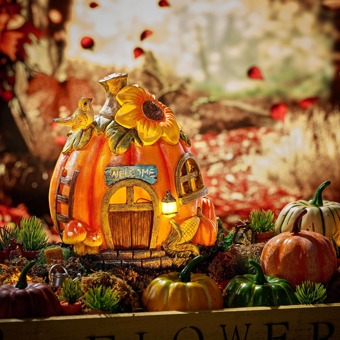 TERESAS COLLECTIONS Pumpkin Fairy House with Solar Lights, 7.6in Waterproof Resin Fall Decor, Orange