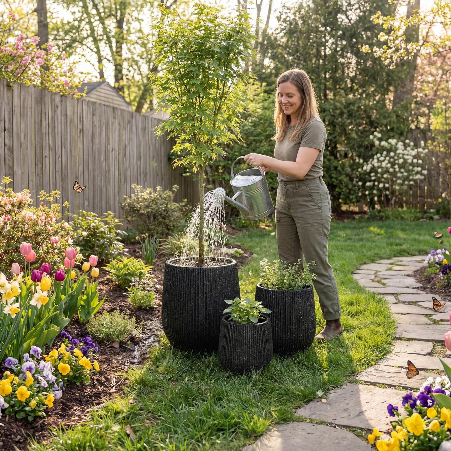 DTY Premium Mt Wilson Tall Tapered Fiberstone Planter for Indoor Outdoor Use, Modern Large Olive Tree Pot with Drainage Hole, 2 Coco Mats. Ribbed Black, Medium 15'' D x 16.7ā H. 11.2ā Pot Opening