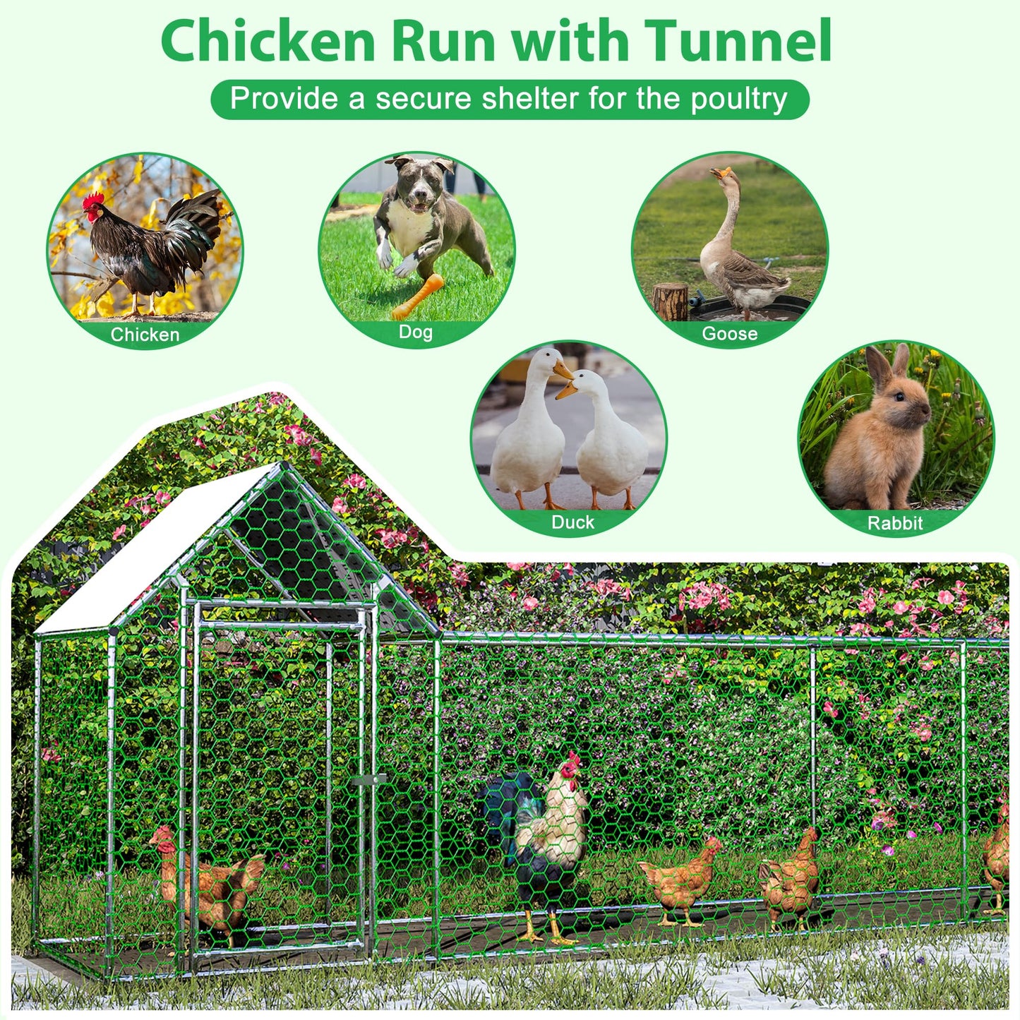 KEIKI Large Metal Chicken Coop, Metal Chicken Run with Waterproof Cover, Farm Poultry Run Hutch Hen House, Outdoor Walk-in Chicken Pen for Poultry Duck Rabbit, 26.08ft x 6.72ft x 6.67ft