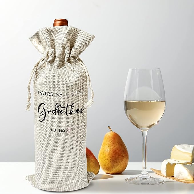 Godfather Wine Gift Bags - Gift for Godfather, Uncle, Godparent, Baptism - Reusable Burlap With Drawstring Gift Bag (5.5"x 13.5")-1 Pcs/jiu065