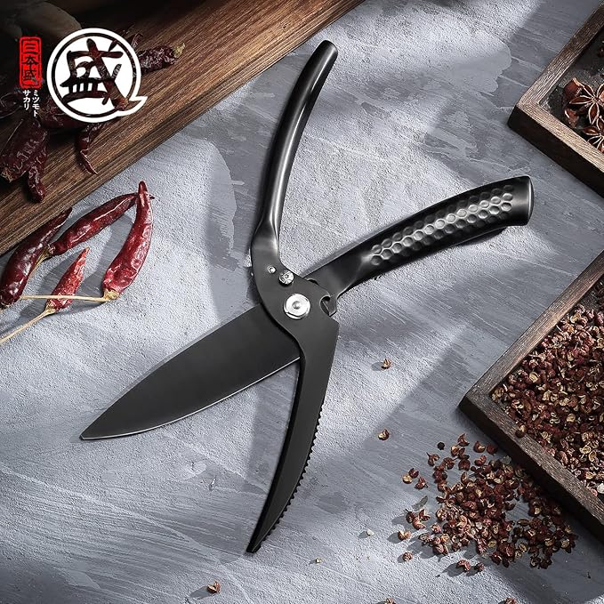 MITSUMOTO SAKARI 10 inch Japanese Kitchen Scissorss, Black Titanium Plating Kitchen Shears Heavy Duty, Multipurpose Alloy Steel Poultry Shears for Chicken, Meat, Bone & Fish