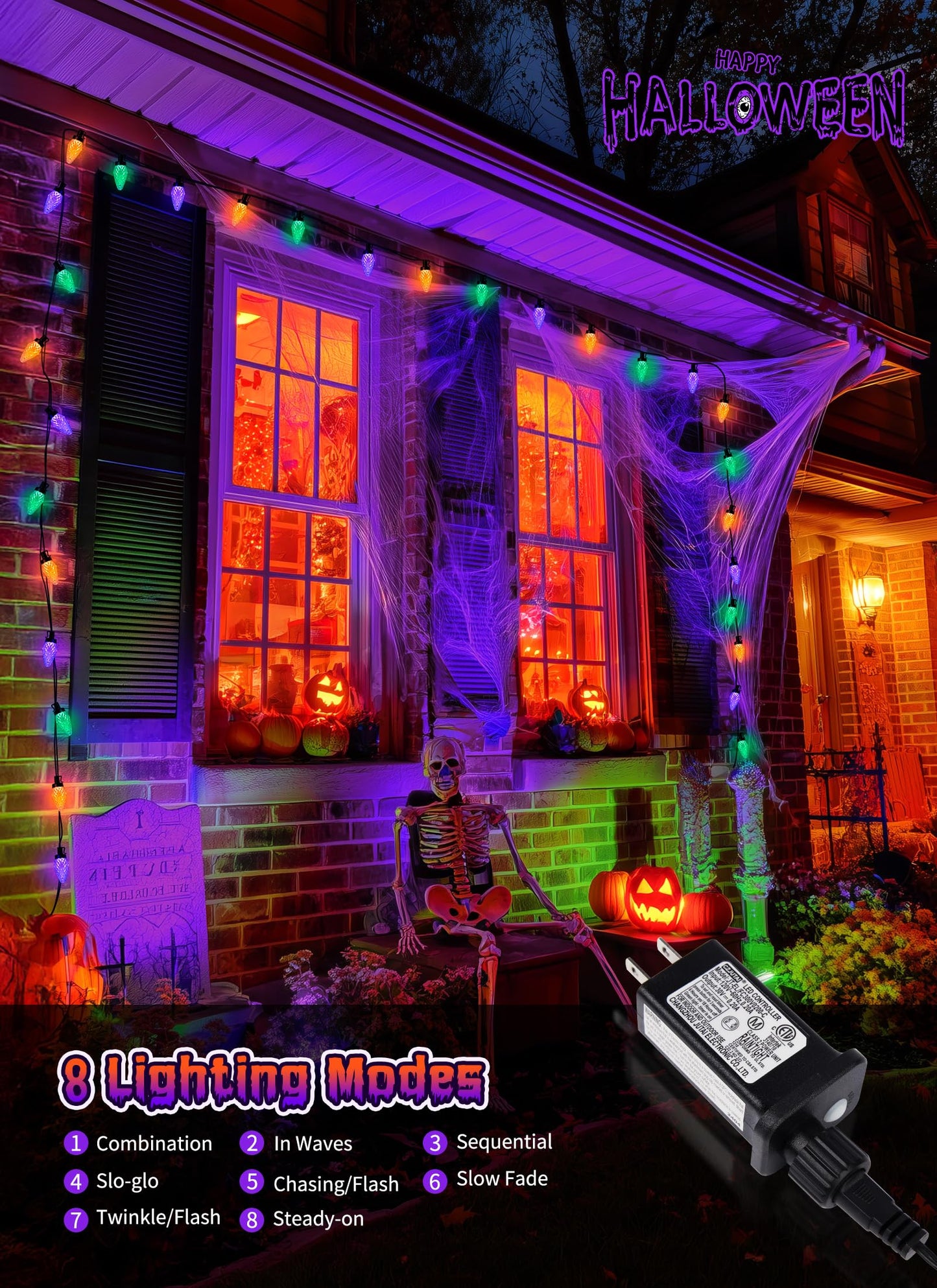 Brightown C9 Led String Lights 114Ft 150 Led Orange Purple And Green Christmas Lights With Timer & 8 Modes Plug-In Waterproof Outdoor Lighting For Halloween House Patio Yard Porch Roof