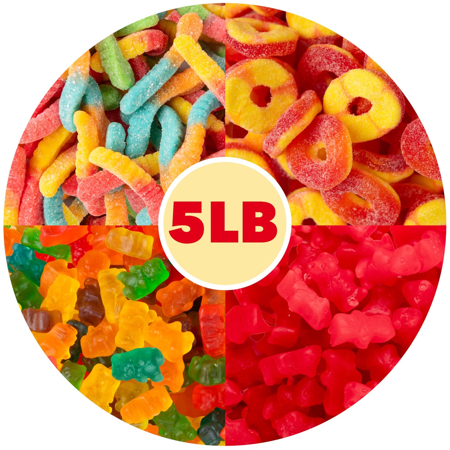 5 lb Bulk Gummy Candy Box - Includes Gummi Bears, Cinnamon Bears, Sour Gummy Worms, and Gummi Peach Rings - Fun Variety Mix for