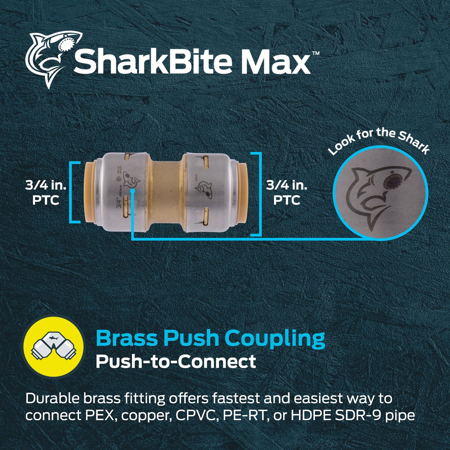 SharkBite Max 3/4 Inch Coupling, Push to Connect Brass Plumbing Fitting, PEX Pipe, Copper, CPVC, PE-RT, HDPE, UR016A