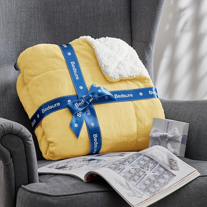 Bedsure GentleSoft Sherpa Fleece Throw Blanket Twin Size for Couch - Thick and Warm, Soft Fuzzy Plush Twin Blanket for Winter, Yellow, 60x80 Inches