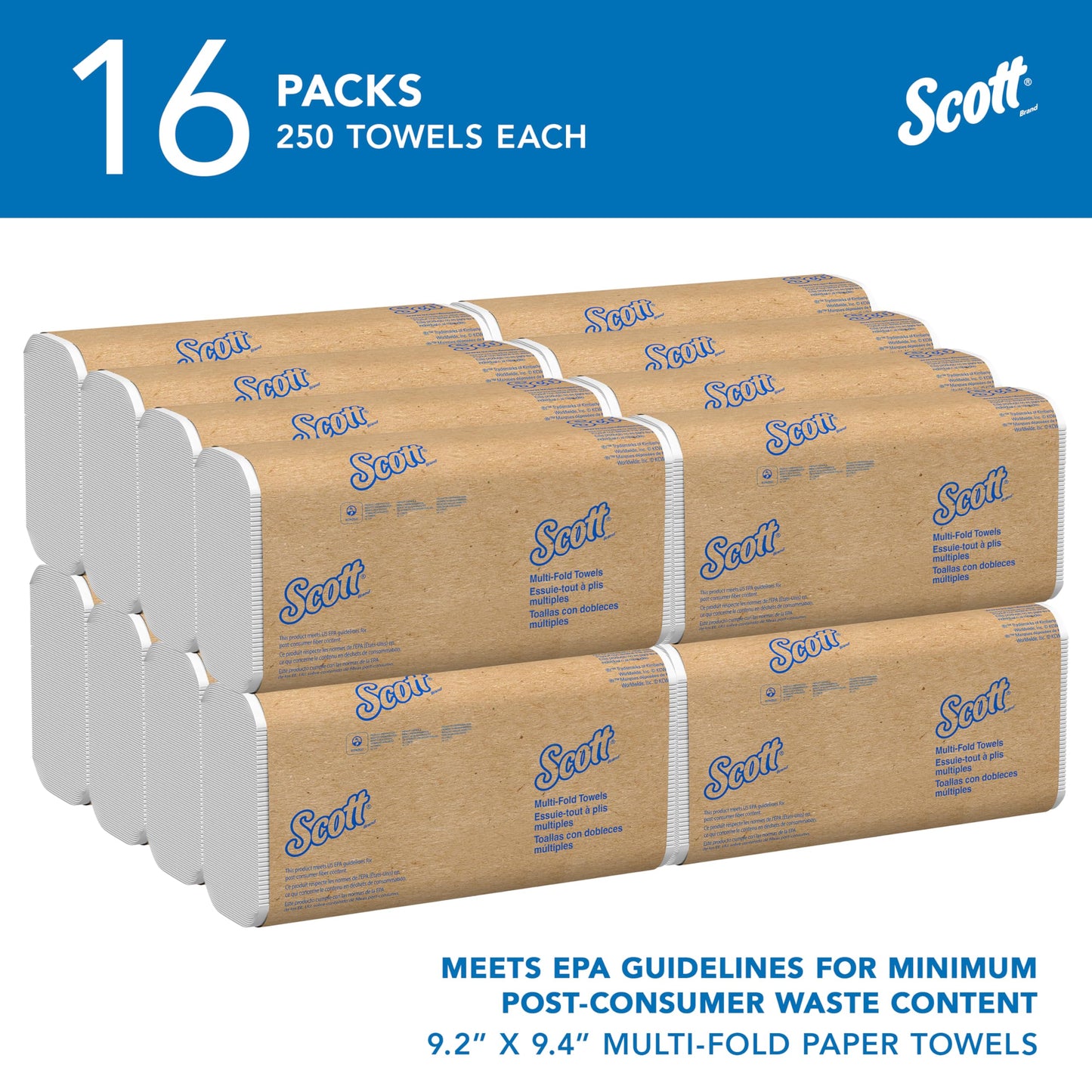 Scott Professional Universal Multifold Paper Towels, Bulk (01804), Absorbency Pockets, White, 9.2"x9.4" Towel, Compressed (250 Sheets/Pack, 16 Packs/Case, 4,000 Sheet Total)