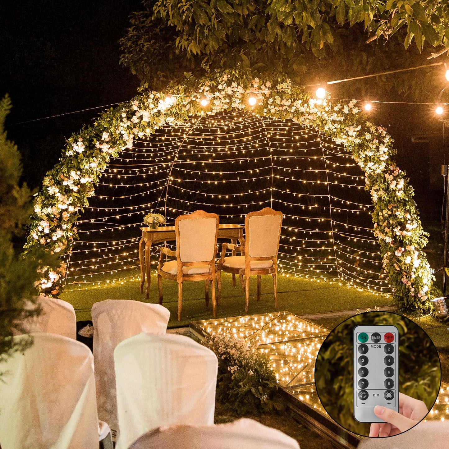 Filltown Battery Operated Christmas Lights, 33Ft 100 LED, Warm White, Auto Timer, 8 Modes, Remote Control, Black Wire