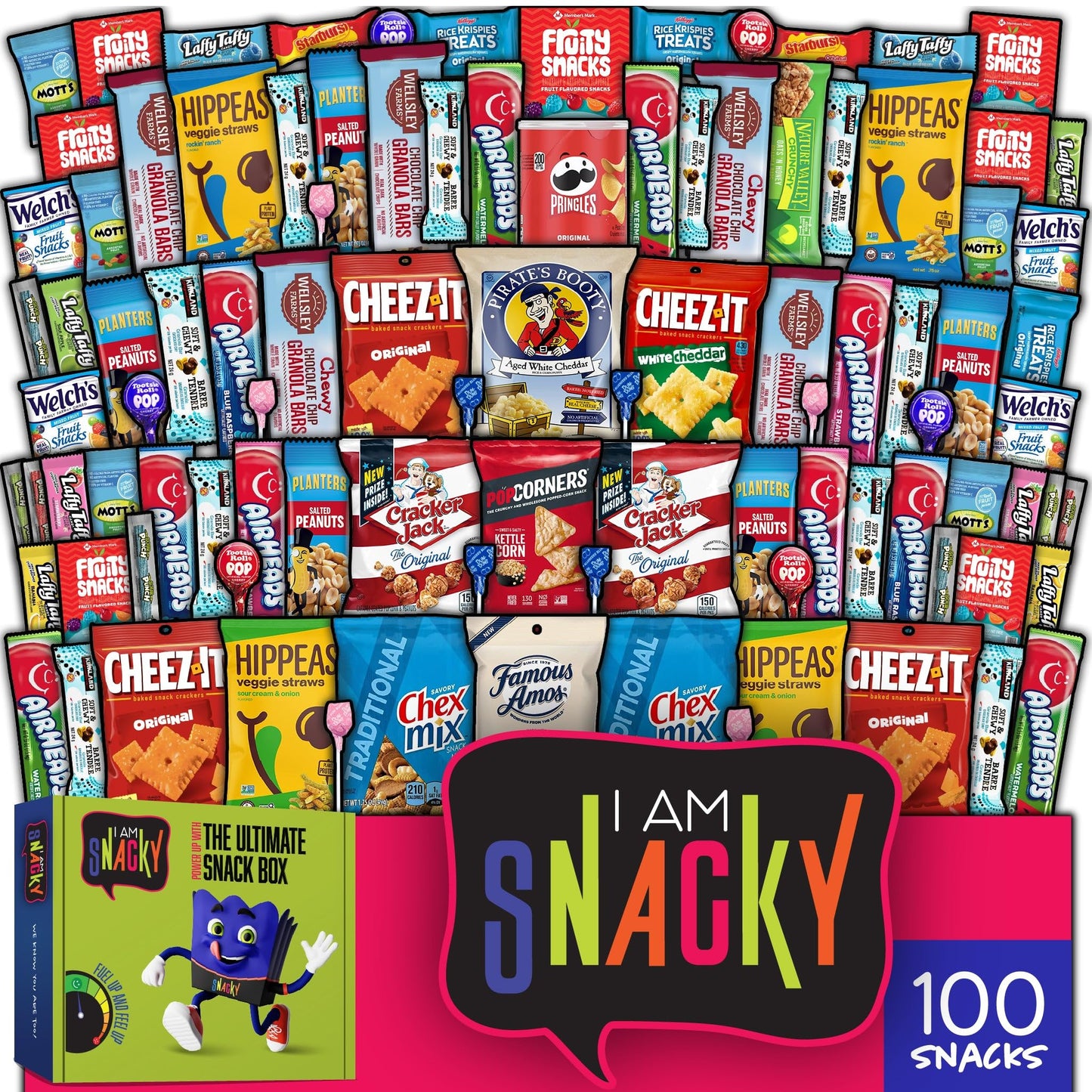 I AM Snacky - Holiday Christmas Stocking Stuffer Snack Box Variety Pack Care Package + Greeting Card - SNACKY S PARTY PACK (100 Count) Birthday Sweet Gift Basket Candies Chips