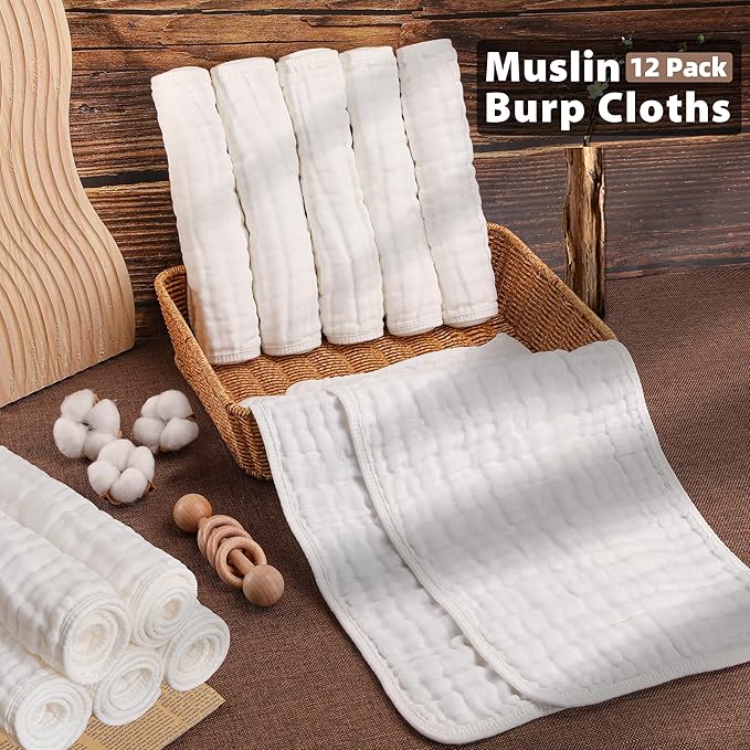 BHYTAKI 12-Pack Muslin Burp Cloths for Baby Boys & Girls, 20"X10" Essentials Large 100% Cotton Burp Rags, 6 Layers Extra Absorbent and Soft burping Cloths for Babies (White)