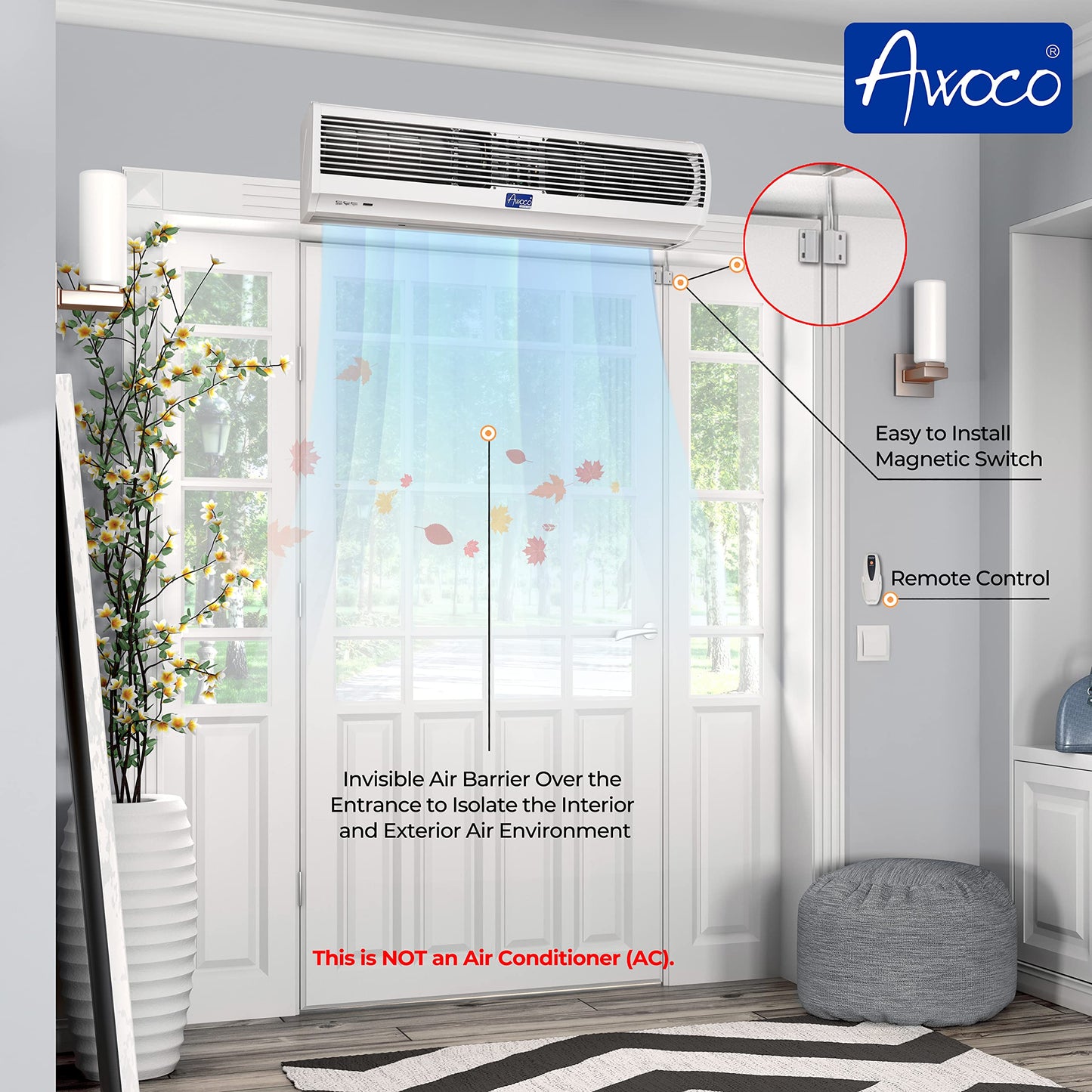 Awoco 40 Fm-1210T 1250 Cfm Slim Indoor Air Curtain, Ce Certified, 120V Unheated With Remote Control And Magnetic Switch, Powerfu