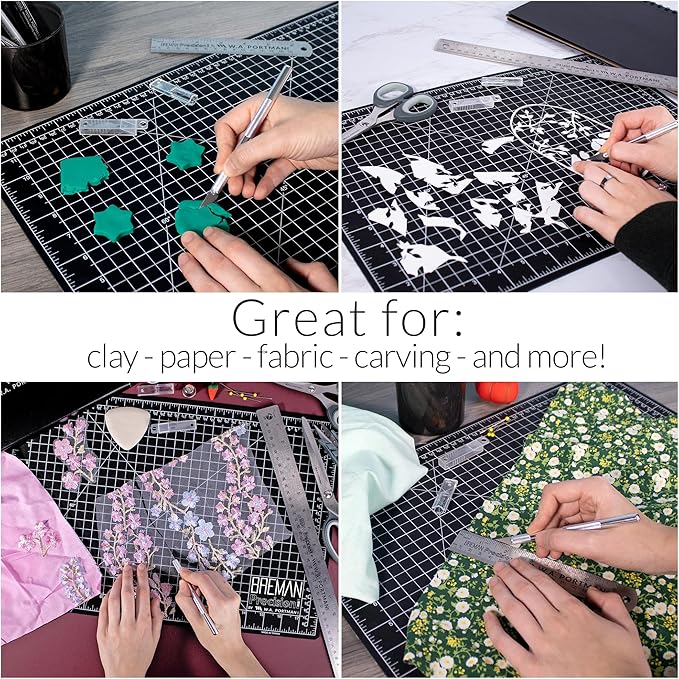 WA Portman 12x18 Inch Self Healing Cutting Mats for Crafts – Fabric Cutting Mat with Precision Craft Knife, 10 Hobby Knife Blades & Metal Ruler 18 Inch Cork Backed Ruler – All-in-One Craft Kit