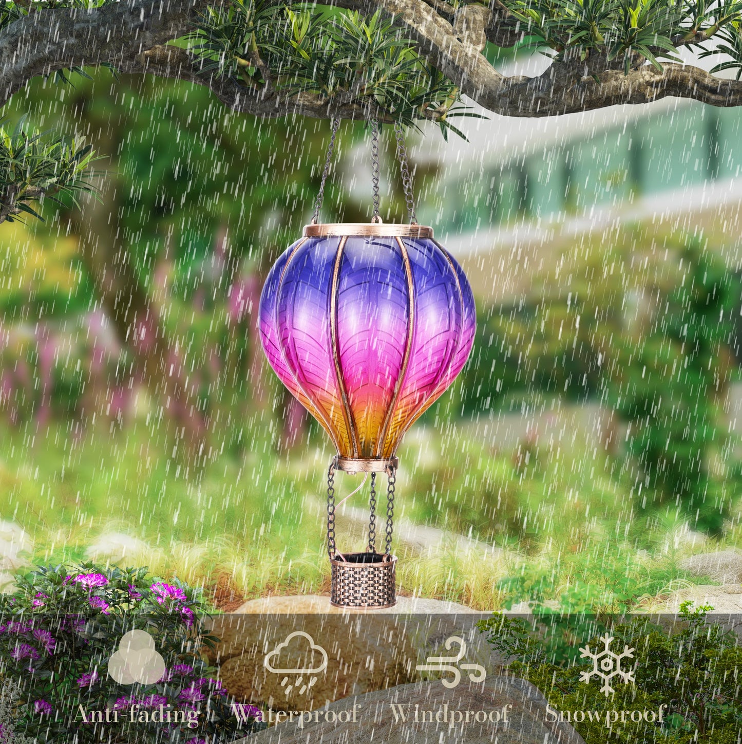 TeresaS Collections Hot Air Balloon Solar Lantern For Garden Decor Flickering Flame Hanging Solar Light For Outdoor Purple & Pink Plastic Lamp For Yard Tree Gift For Mom