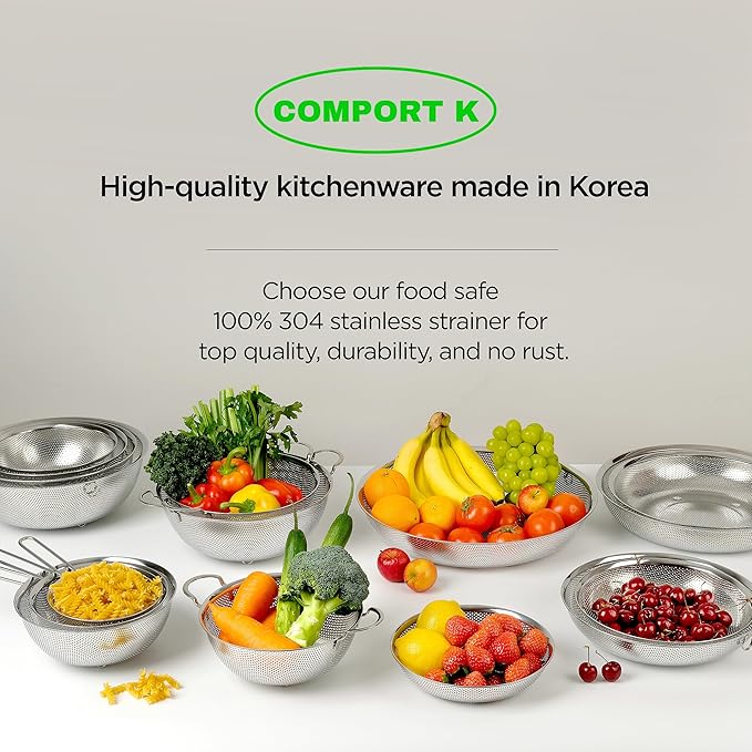 Premium 18/8 304 Stainless Steel Micro-Perforated Small and Big Colander Set of 4 with rings - 3.5-5.5-7.5-9.5 Quart Set, Self-Draining Solid Base for Pasta, Fruits, Vegetables
