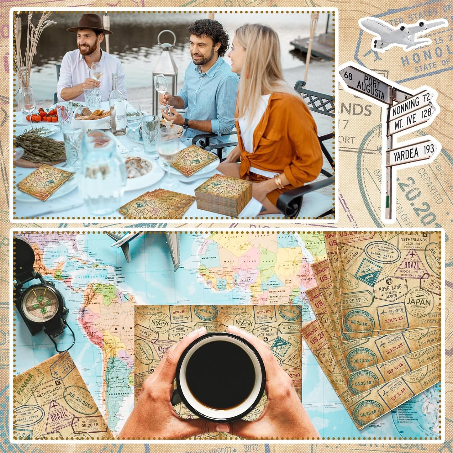 60 Pcs World Travel Cocktail Paper Napkins 6.5 x 6.5 Inches Disposable Paper Napkins Dessert Beverage Tissue for Decoupage Luncheon Tissue for Theme Party Wedding Birthday Party