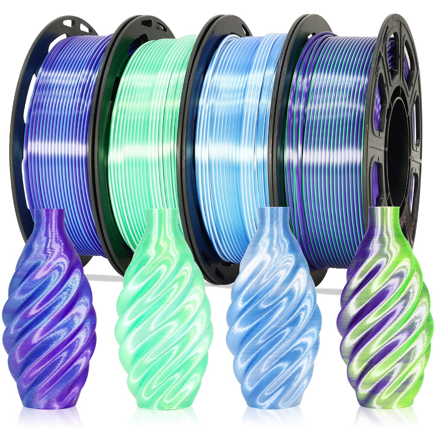 MIKA3D Dual Color Silk PLA 1.75mm 3D Printer Filament Bundle, 4 Spools Pack 2 Color in 1 PLA, Silk Blue Purple, Silk White Green
