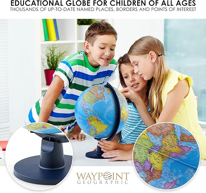 Waypoint Geographic Scout+ Illuminated Map, Kids Interactive Globe with Stand, More than 4000 Places, 12', Bonus Map Included, Blue
