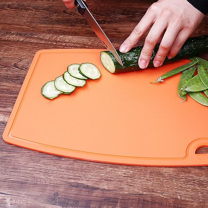 Liflicon Thick Cutting Boards for Kitchen Silicone Chopping Board Set of 2 Mid 12.6'' x 9.1”,Mini 9.1”x7.1” Non-slip Deep Drip Juice Groove Easy Grip Handle,Dishwasher Safe-Orange