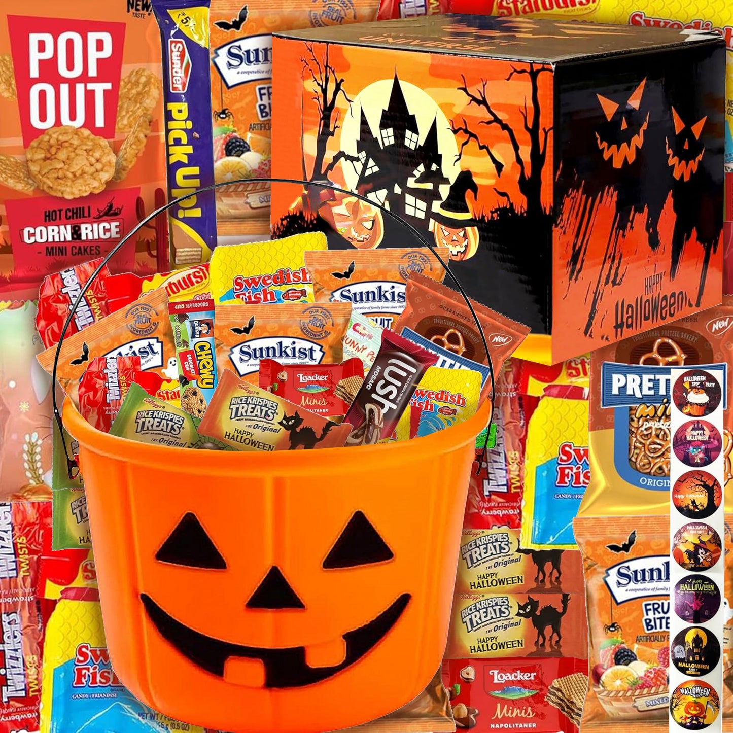 Halloween Assorted Pumpkin Bucket (44 Count) Filled with Candies Snacks Cookies and more for Family Friends Kids Boys and Girls