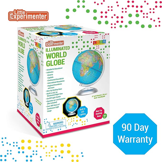 Little Experimenter 8β Illuminated Globes for Kids - Light Up World Globe With Stand, Best Gift Ideas for Children, Educational STEM Toys for All Ages, Gifts for Boys And Girls Ages 8-12+ Years Old