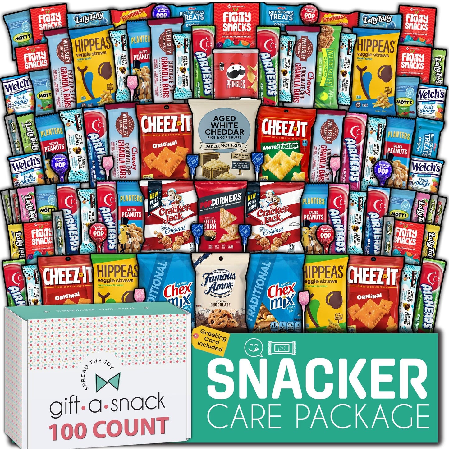 Gift A Snack - Holiday Christmas Stocking Stuffer Snack Box Variety Pack Care Package + Greeting Card (100 Count) Birthday Sweet Gift Basket Candies Chips ers Bars