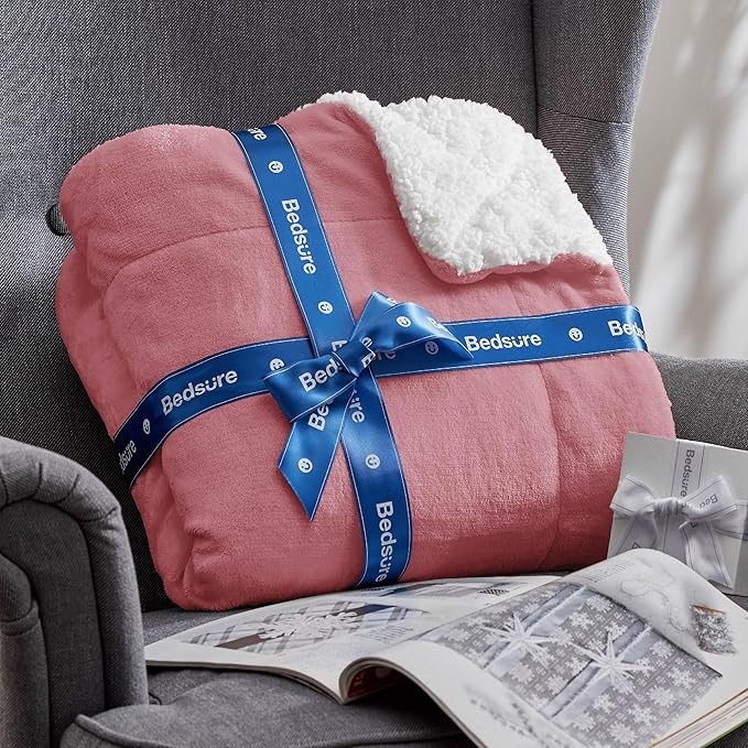 Bedsure GentleSoft Sherpa Fleece Blankets Queen Size for Bed - Thick and Warm, Soft Fuzzy Plush Queen Blanket for Winter, Dusty Rose, 90x90 Inches