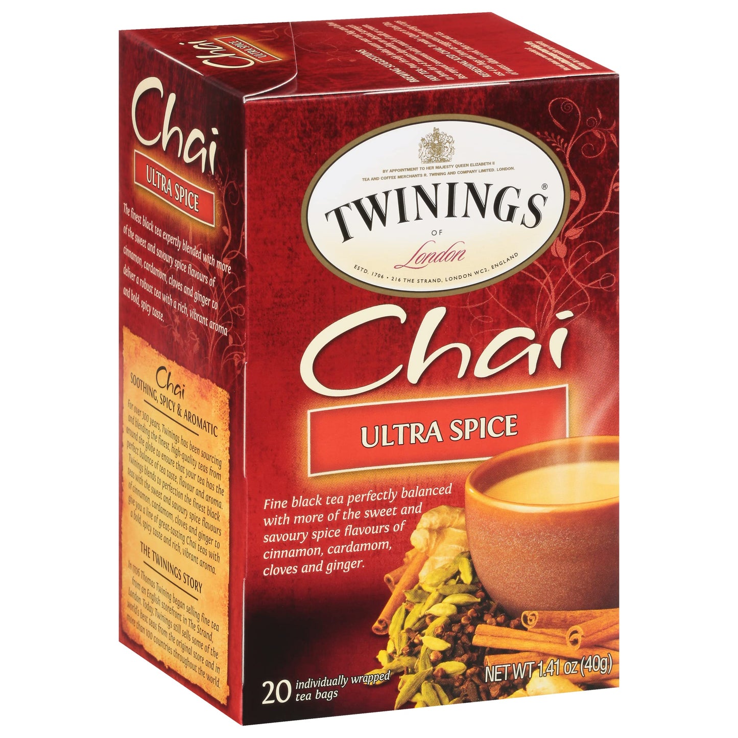 Twinings Ultra Spice Chai Tea Bags - Individually Wrapped, Black Tea with Cinnamon, Ginger, Cardamon & Clove, 20 Count
