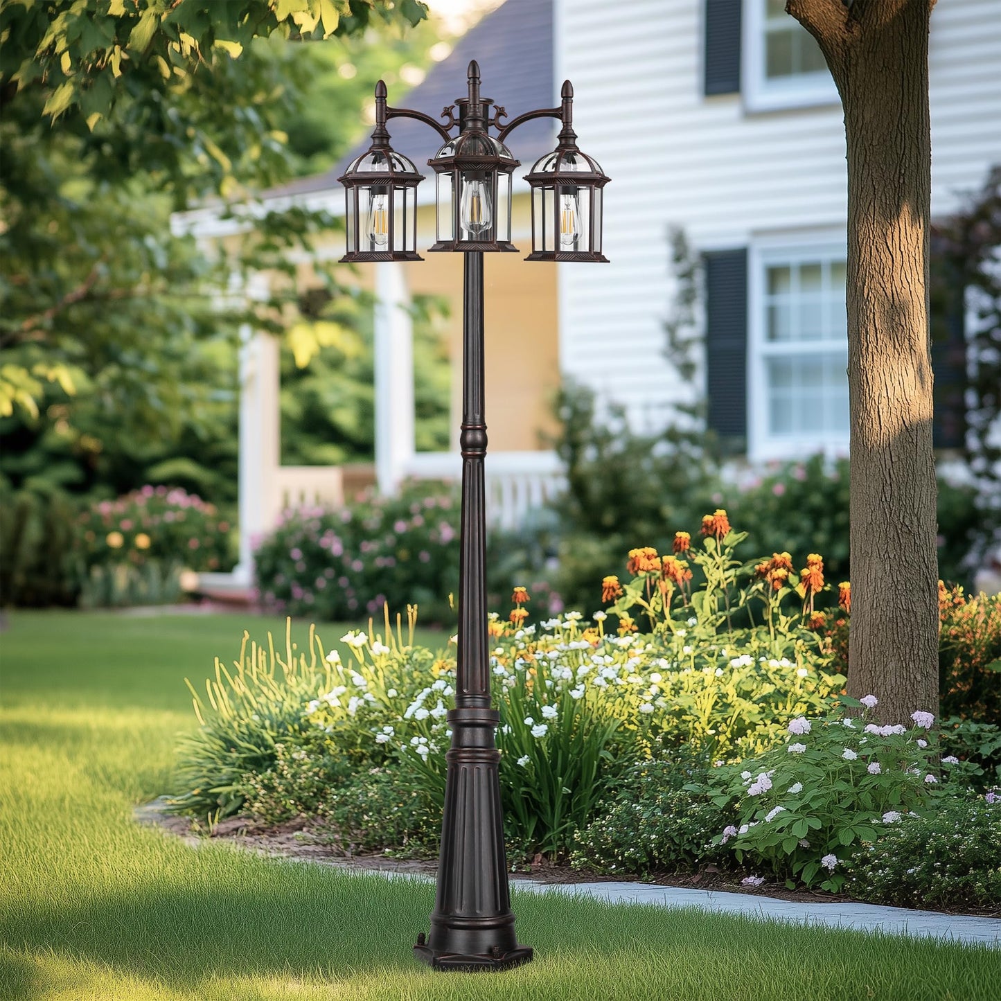 PARTPHONER Dusk to Dawn Outdoor Lamp Post Light, Triple Head Aluminum, Waterproof, Bronze, Model PA1201