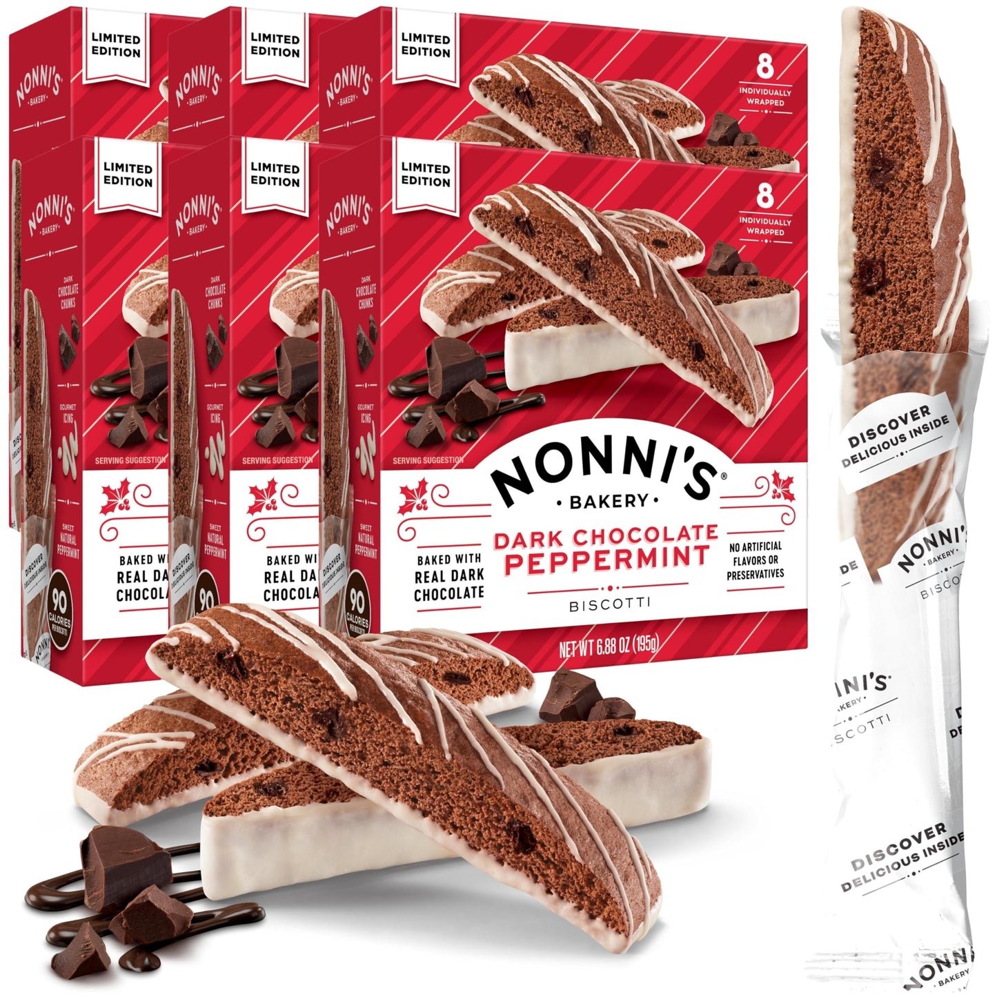 Nonnis Dark Chocolate Peppermint Biscotti - 6 Boxes Christmas Cookies - Italian Biscotti Cookies w/Dark Chocolate White Icing &