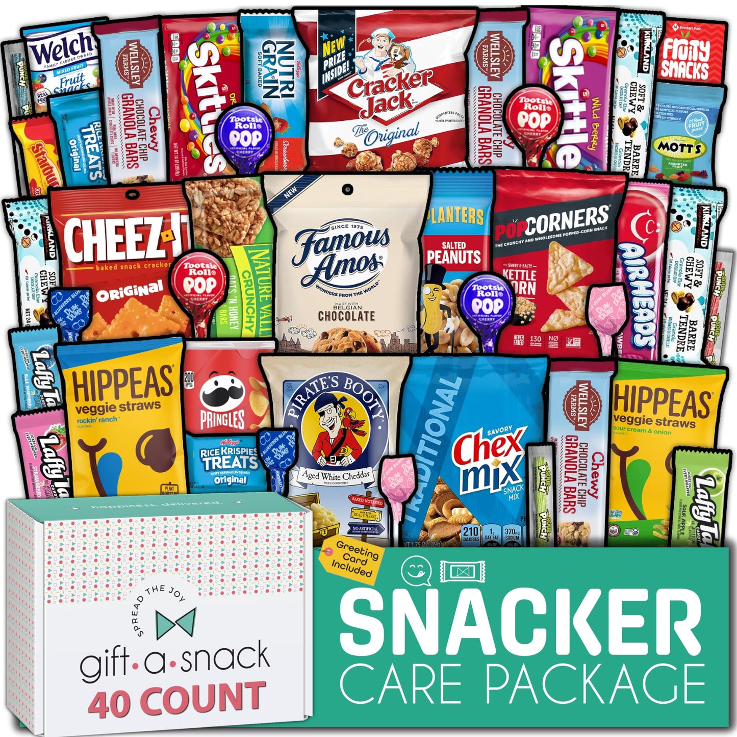 Gift A Snack - Holiday Christmas Stocking Stuffer Snack Box Variety Pack Care Package + Greeting Card (40 Count) Birthday Sweet Gift Basket Candies Chips ers Bars