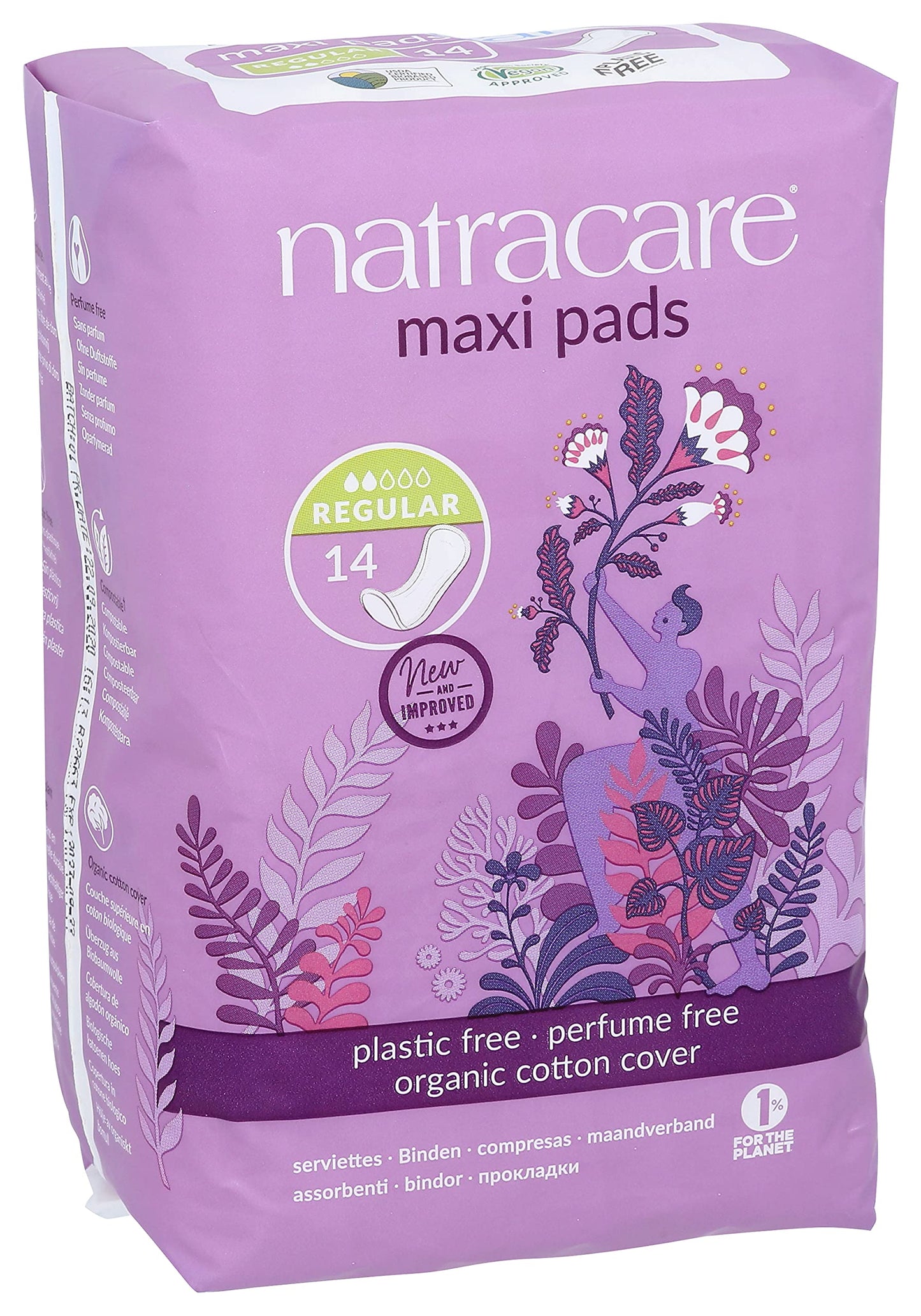 Natracare Natural Traditional Style Maxi Pads, Regular, Individually Wrapped, Without Wings in Plant-Based Bag (1 Pack, 14 Pads Total)