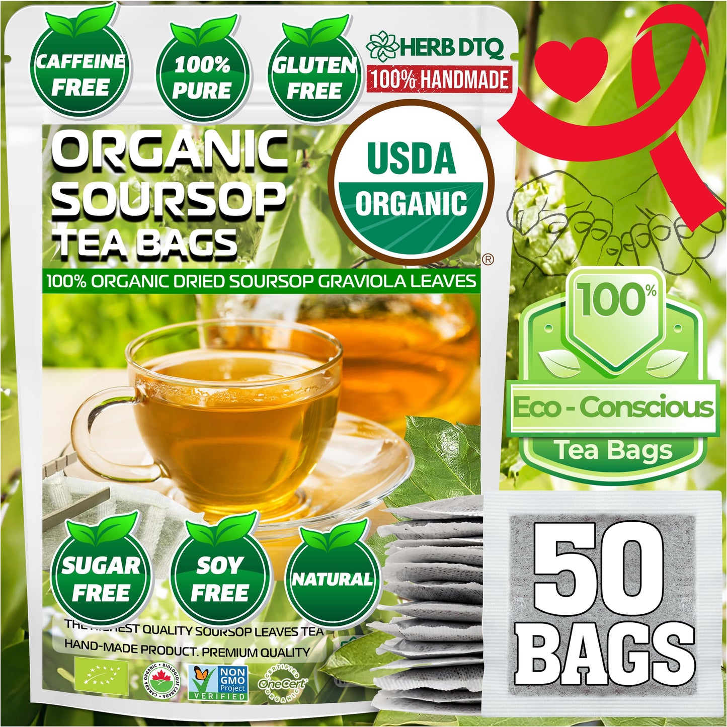 USDA Organic Soursop Leaves Tea Bags 100% ORGANIC and Pure Soursop Graviola Leaves - Hojas De Guanabana Tea - Non-GMO - Caffeine-free - Improve Digestion Support Healthy Skin & Sleep Eco-Conscious Corn Fiber Tea Bags. Organic Graviola Tea