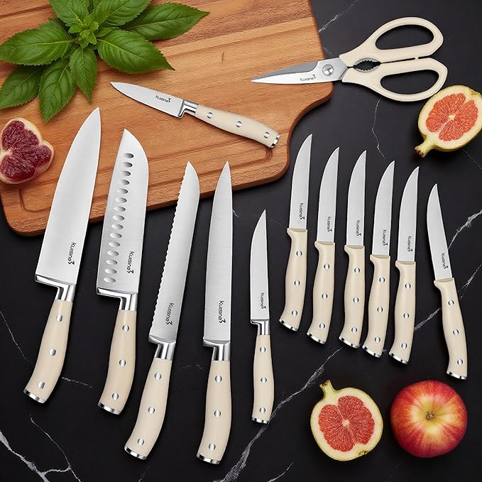 Kuisine Upgraded Kitchen Chef Knife Set,High Carbon Stainless Steel Ultra Sharp Blade Ergonomic Handle,Knife Block Set with Built-in Sharpener,Elegant Gift for Holiday(Acacia Ivory,15PCS)