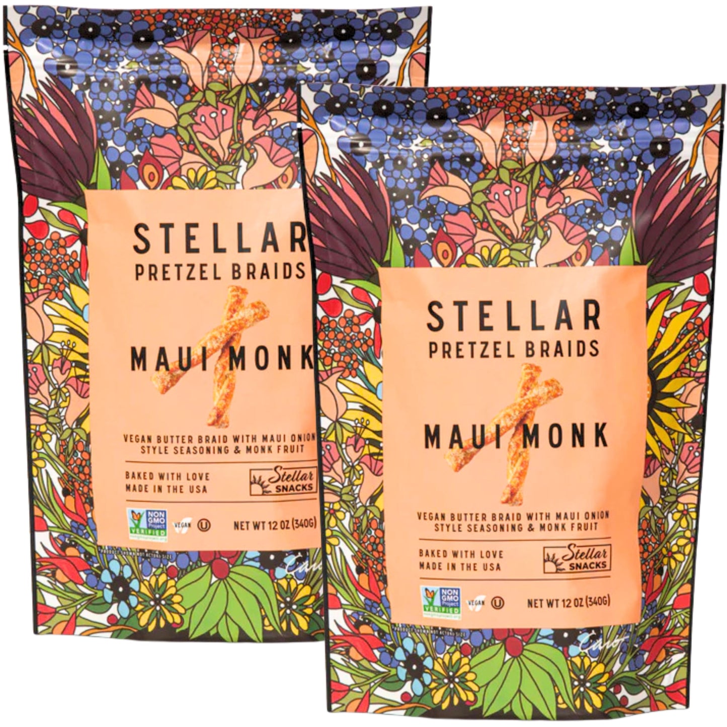 Stellar Snacks Pretzel Braids Maui Monk 12 Oz Large Bags (Pack of 2) - Vegan Kosher Non-GMO Rods Twists Sticks