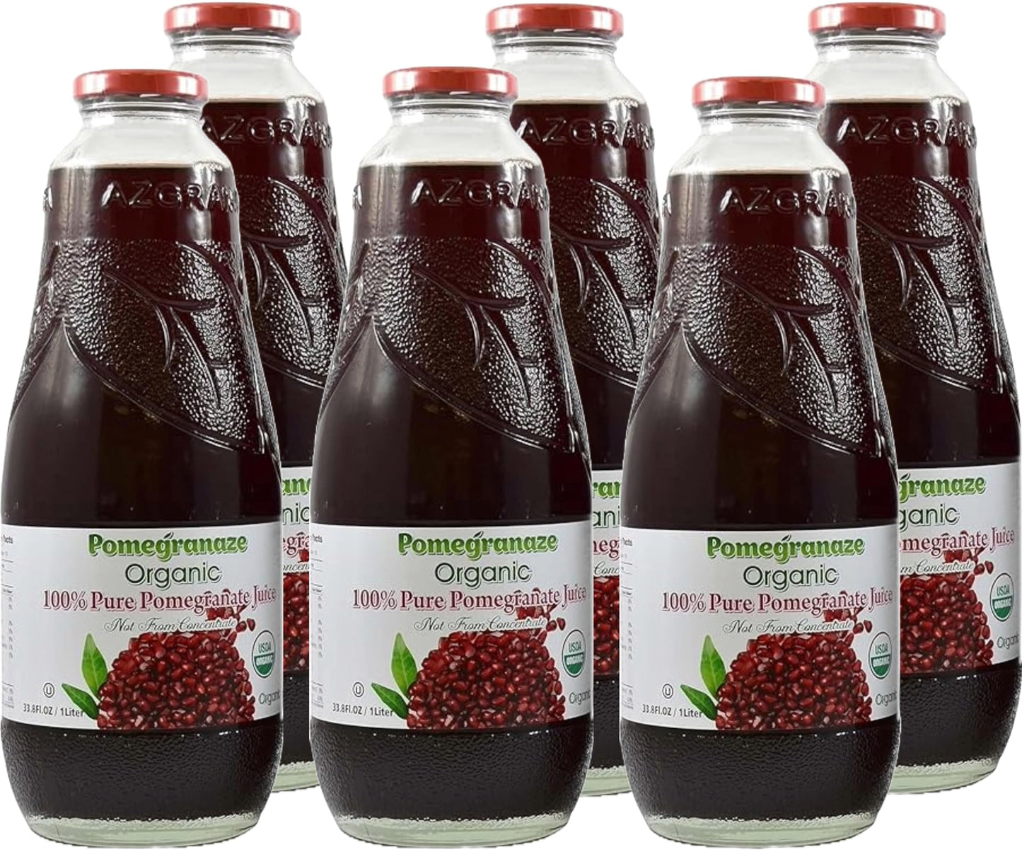 100% Organic Pomegranate Juice 33.8 Oz Glass Bottle (6 Pack) No Sugar No Artificial Colors No Preservatives No Flavors Added Gluten Free and Kosher