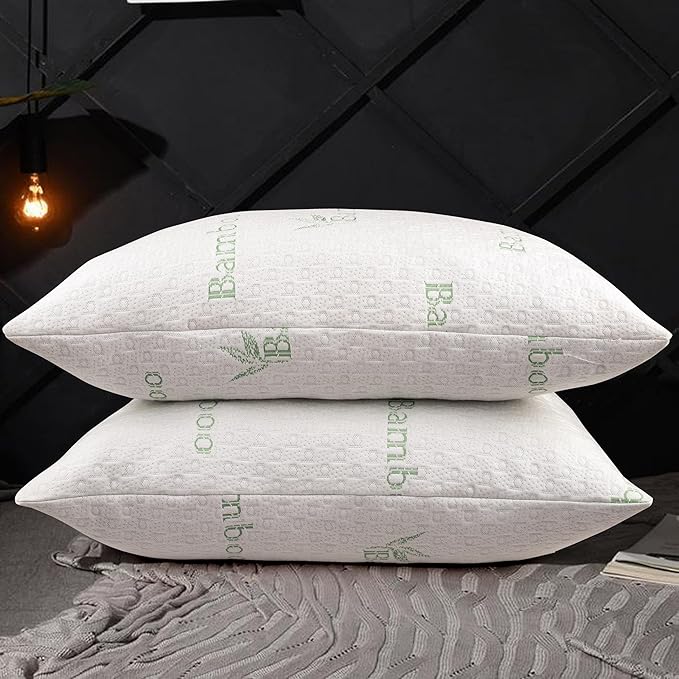 Queen Size Bamboo Pillow for Sleeping with Plush Fiber Fill Pillow Queen Size Set of 2, for Side Back Stomach Sleeper with Adjustable to Soft/Firm, Washable Cover, (Pack of 2)