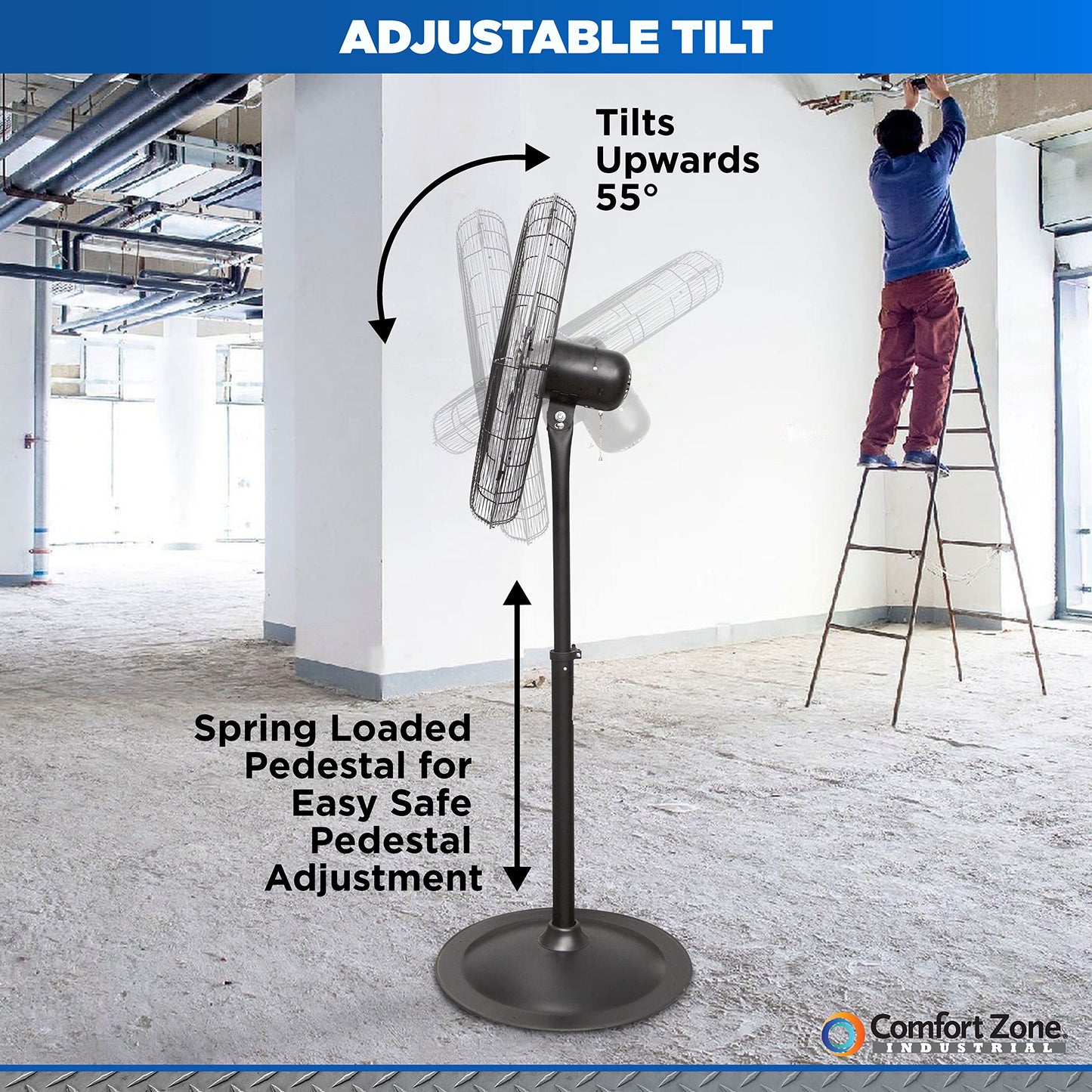 Comfort Zone Industrial Pedestal Fan, 30 Inch, 3 Speed, High Velocity, Adjustable Height 56 To 76 , Metal, Meets Osha Stand