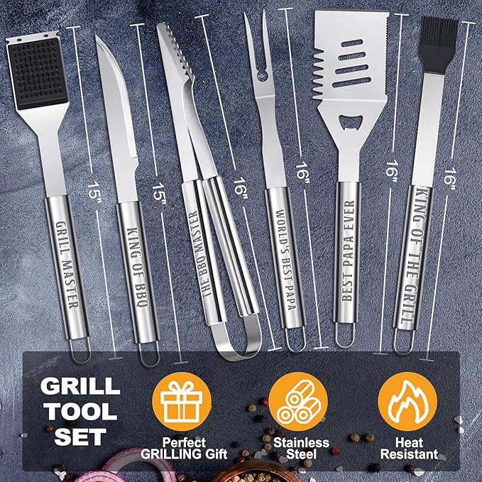 Papa Gifts from Grandkids, Papa Chritmas Grilling Accessories Gift, Heavy Duty Stainless Steel Grill Set BBQ Grill Tools for Outdoor Grill with Aluminum Case, Grill Utensils Set on Birthday(Bag)
