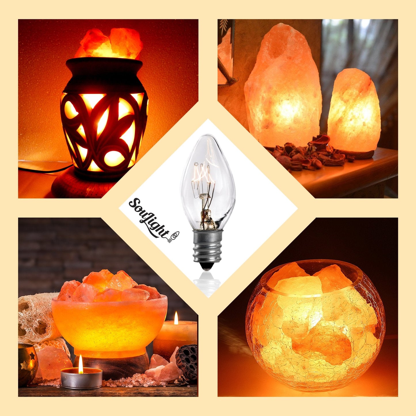 SouLight Salt Lamp Light Bulb - 15 Watt Replacement Bulbs for Himalayan Salt Lamps & Baskets, Chandeliers, Candle & Wax Warmers, Night Light Bulbs. E12 Socket, C7, Warm White – 12 Pack