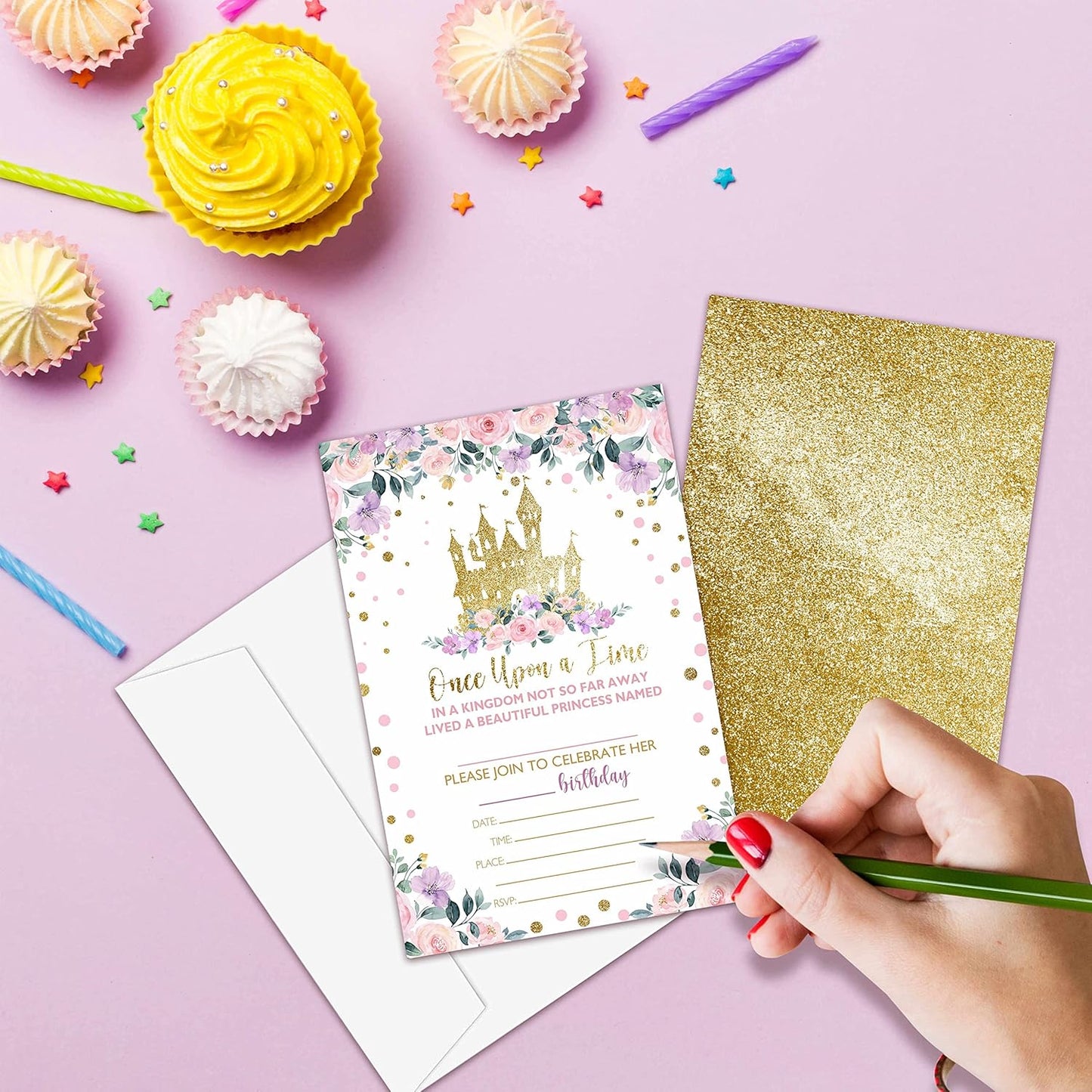 Princess Birthday Invitations for Girls, 20-Count Birthday Party Invitations With Envelopes, Magical Kingdom Castle Style Birthdays Party Decorations And Supplies-HBYQK-A01