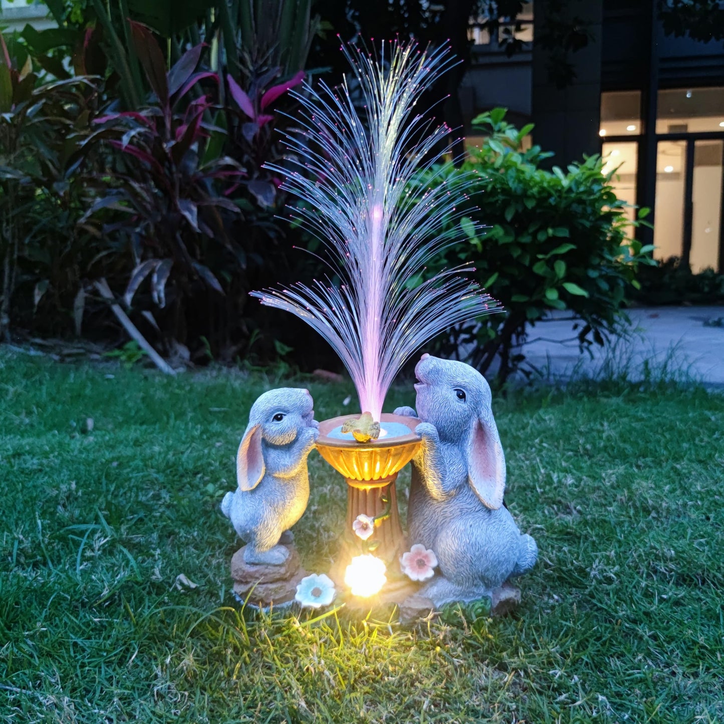Rctticuu Solar Rabbit Garden Statues Outdoor Decor With Led Lights Resin Rabbits Figurine Lights Decorations Colour Changing Fiber Optical Light Outside Lawn Decor For Yard Unique Housewarming Gift