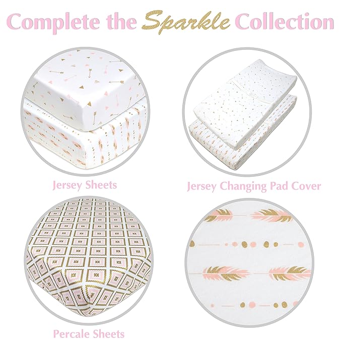 American Baby Company Printed 100% Cotton Knit Fitted Contoured Changing Table Pad Cover - Compatible with Mika Micky Bassinet, Sparkle Gold/Pink Feathers, for Boys and Girls