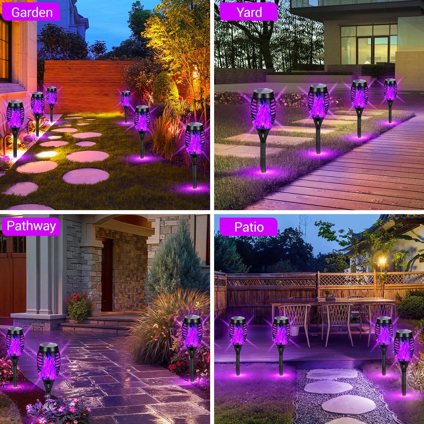 AOUNQ Solar Torch Lights Outdoor, 10 Pack Purple Flickering Flame, Waterproof Tiki Torches for Garden Decor, Model AO-USA 03-10P
