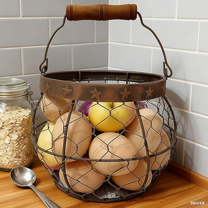 TAIANLE. Wire Egg Basket for Gathering Fresh Eggs with Handle, Metal Chicken Egg Collecting Basket for Coop, Rustic Farmhouse Kitchen Countertop Storage Basket Farmhouse Holder Organizer Easter