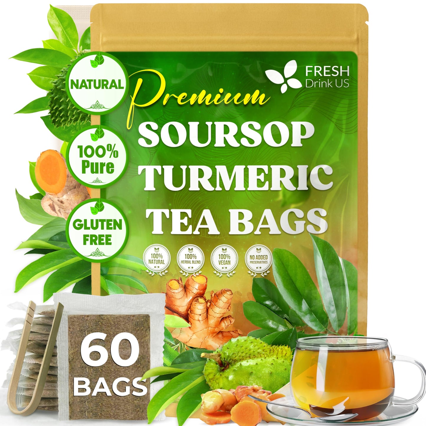 FreshDrinkUS enhanced 60 Soursop Turmeric Tea Bags 100% Natural Blend of Soursop Leaves and Turmeric Root. Made with Natural Material Tea Bags. No Sugar Vegan.