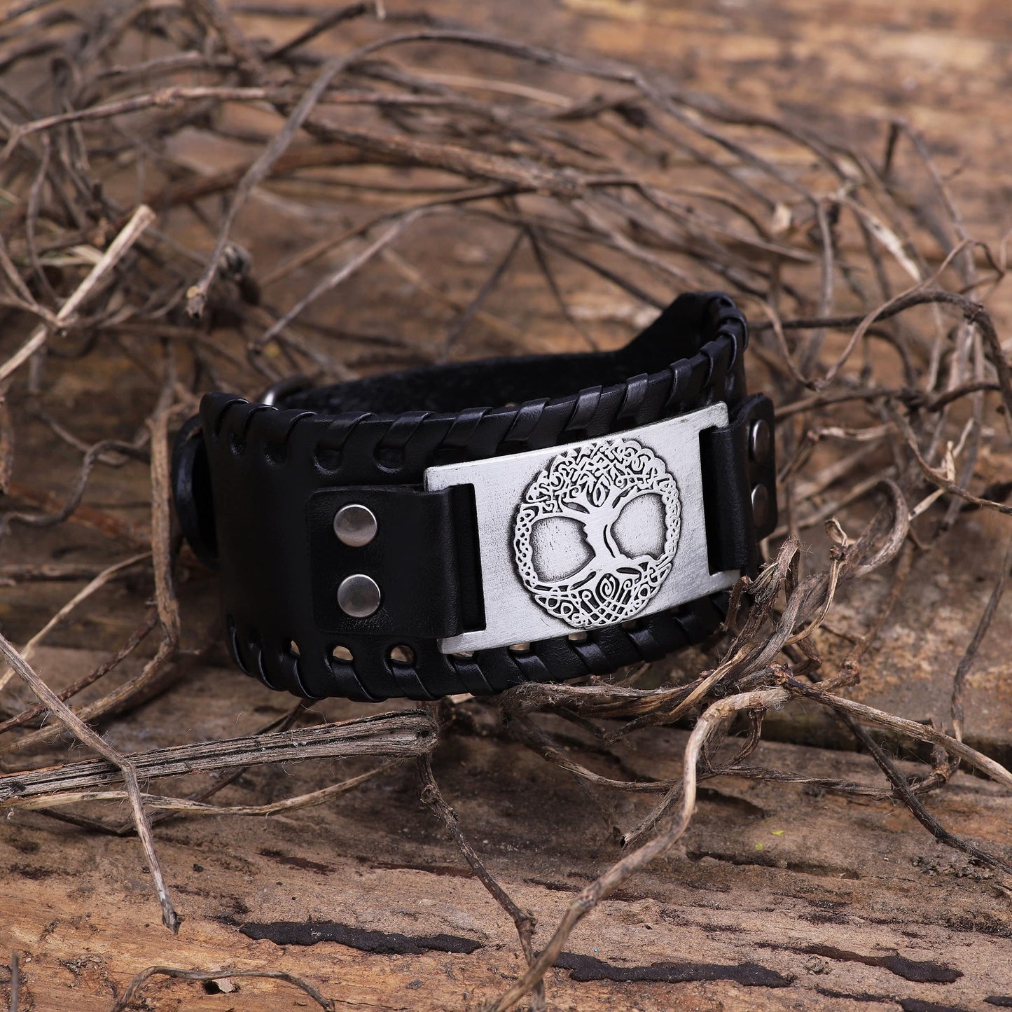 HAQUIL Viking Bracelet for Men, Tree of Life Yggdrasil Talisman, Nordic Black Wide Leather Wristband, Viking Jewelry Gifts