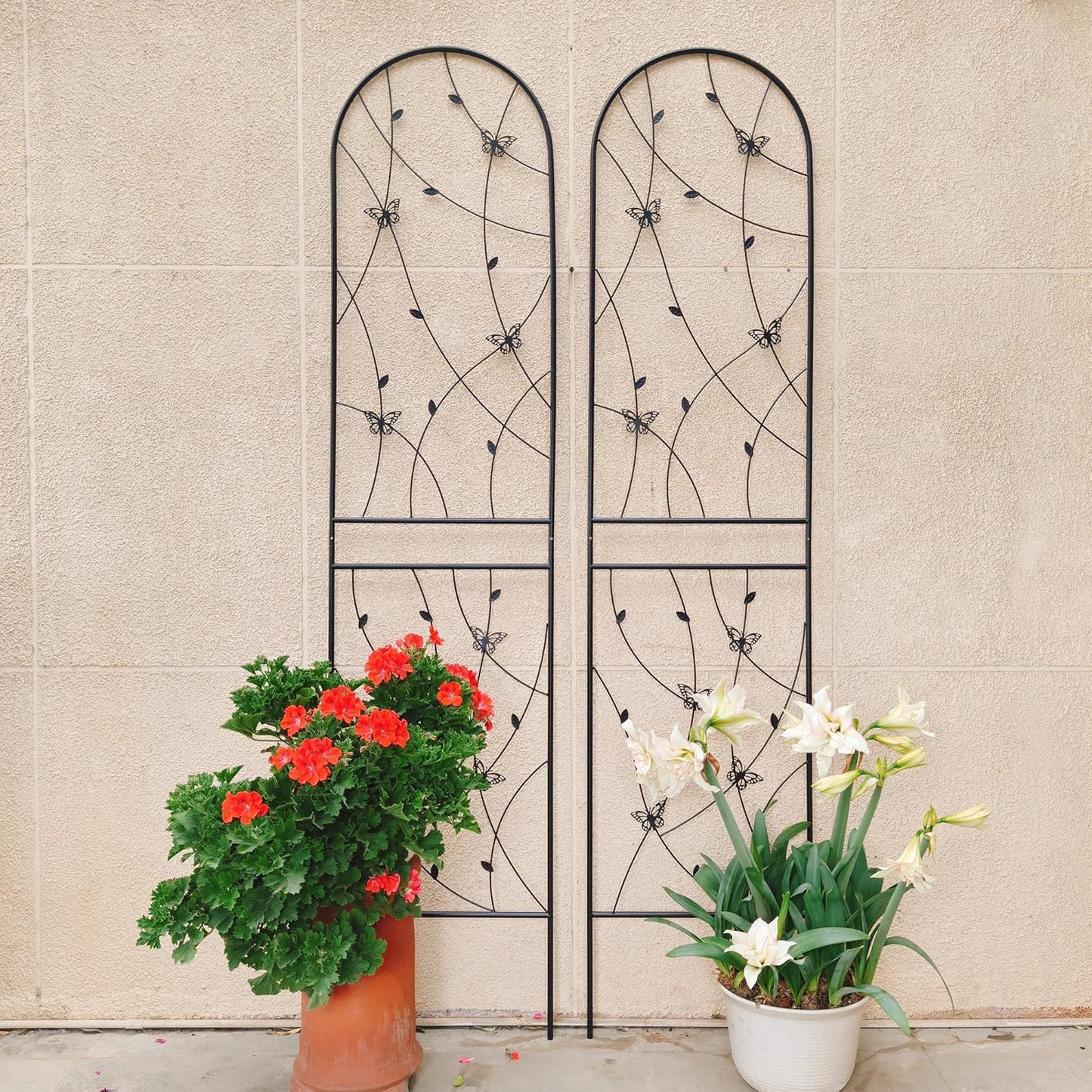 8 Pack Metal Garden Trellis for Climbing Plants, 86.7" Tall Rustproof Outdoor Trellis Panel with Butterfly Design, Decorative Black Iron Plant Support for Vine, Rose, Flower, Garden Wall