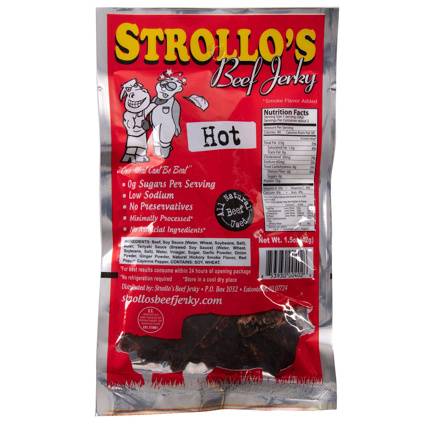 Strollos Beef Jerky Hot Original Flavor 1 Pack - Low Sodium, Low Sugar, Low Carb - Made with All Natural USA Beef, USDA Certifi